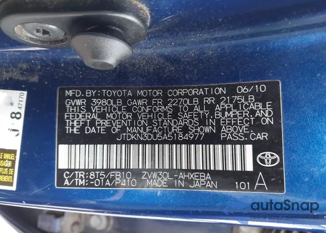 2010 Toyota Prius Iii from USA, damaged, VIN JTDKN3DU5A5184977